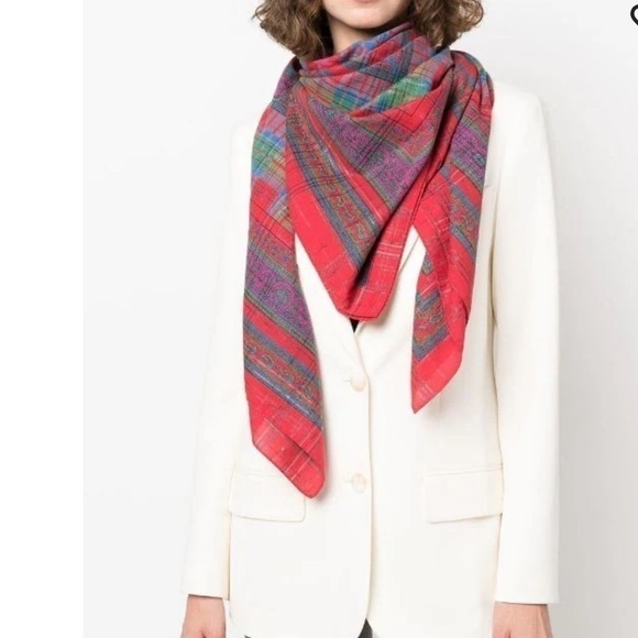 Yves St. Laurent 1980s Check Red Paisley Print Scarf Wrap Large - Picture 1 of 4